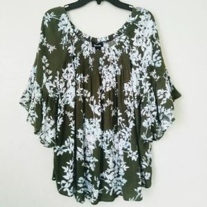 ana bell sleeve flowy army green floral top